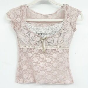 Womens Baby Pink Sheer Floral Lace Coquette Fairycore Cap Sleeve Dainty Top S